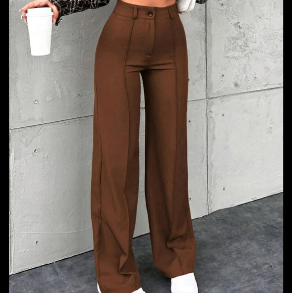 Women's Solid Color Toothpick Striped Design Wide Leg Office Autumn Pants - Picture 1 of 5